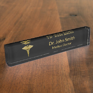 Classy Medical Gold Caduceus on Black - Nameplate