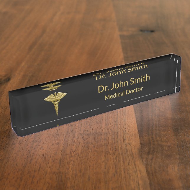 Classy Medical Gold Caduceus on Black - Nameplate (Side)