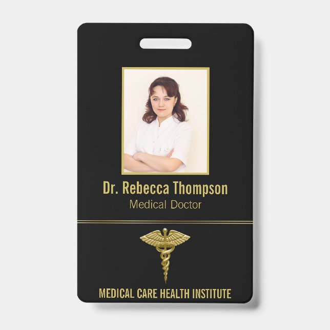 Classy Medical Gold Caduceus on Black Photo ID Badge (Front)