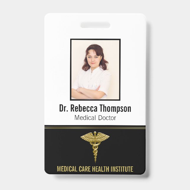 Classy Medical Gold Caduceus on Black Photo ID Badge (Front)