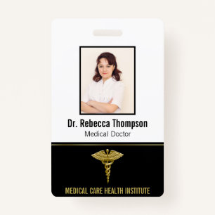Classy Medical Gold Caduceus on Black Photo ID Badge