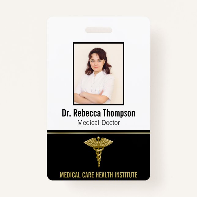Classy Medical Gold Caduceus on Black Photo ID Badge (Front)