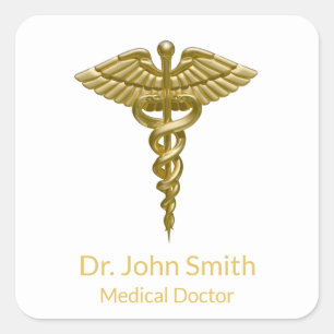 Classy Medical Gold Caduceus on White Square Sticker