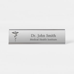 Classy Medical Noble Elegant Black White Caduceus Desk Name Plate