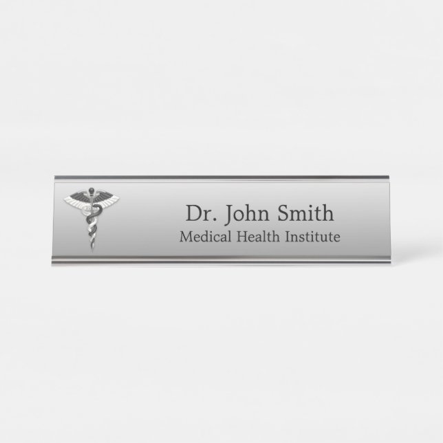Classy Medical Noble Elegant Black White Caduceus Desk Name Plate (Front)