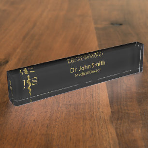 Classy Medical Rod of Asclepius Gold on Black Nameplate