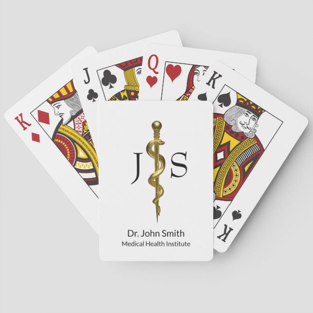 Classy Medical Rod of Asclepius Gold on White Playing Cards (Back)