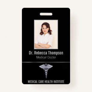 Classy Medical Silver Caduceus on Black Photo ID Badge