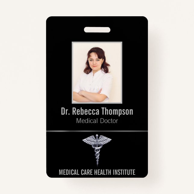 Classy Medical Silver Caduceus on Black Photo ID Badge (Front)