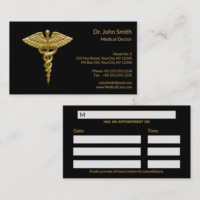 Classy Médicale Gold Caduceus sur rendez-vous noir (Devant / Derrière)
