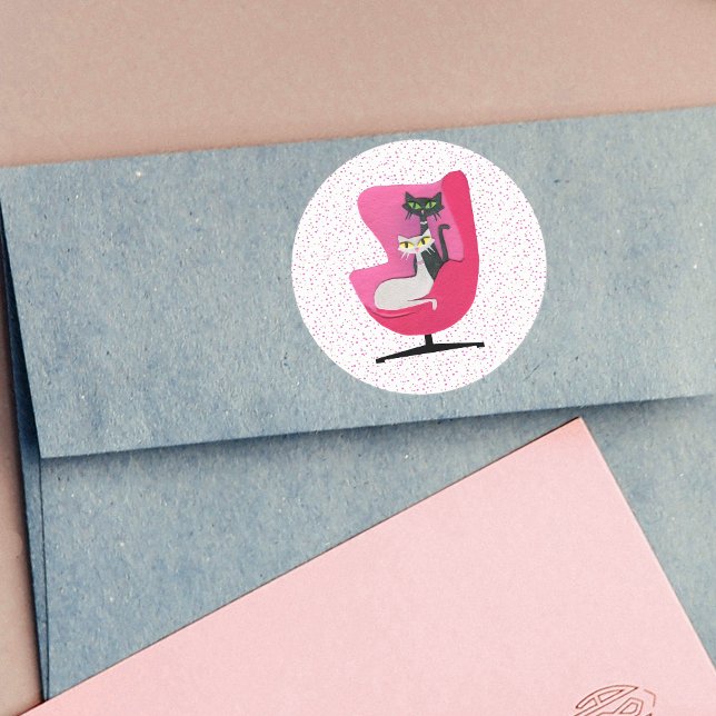 Classy Mid Century Cats Pink Chair Polka Dots Classic Round Sticker (Atomic cats sitting in mid century pink chair on white with pink polka dots stickers.)
