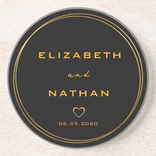 Classy Minimalist Black & Gold Wedding  Coaster (Front)