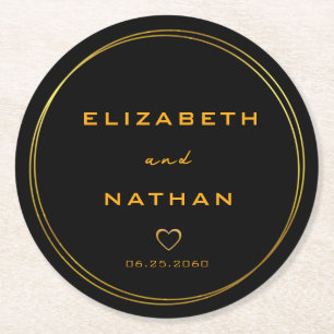 Classy Minimalist Black & Gold Wedding  Round Paper Coaster