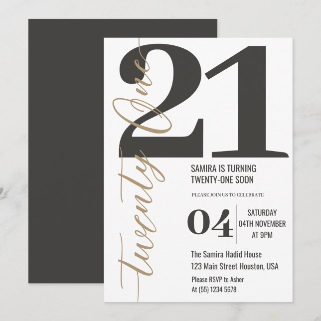 Classy Minimalist Calligraphy 21st Birthday Invitation (Front/Back)