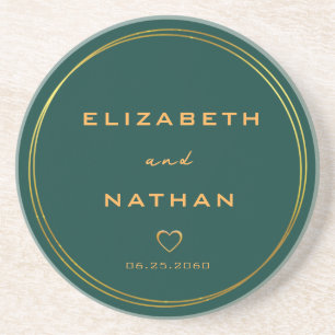 Classy Minimalist Emerald Green & Gold Wedding Coaster
