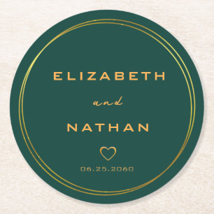 Classy Minimalist Emerald Green & Gold Wedding Round Paper Coaster