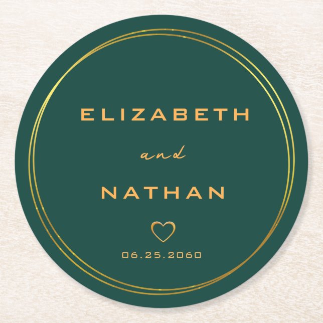 Classy Minimalist Emerald Green & Gold Wedding  Round Paper Coaster (Front)
