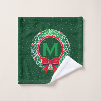 Classy Minimalist Monogram with Wreath on GREEN Wash Cloth