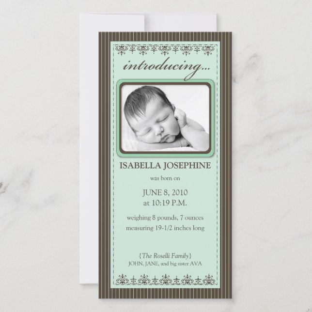 Classy Mint Green Customized Birth Announcement (Front)