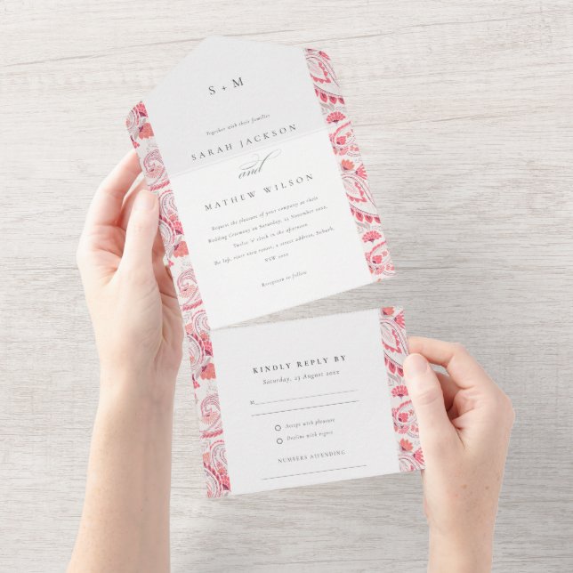 Classy Modern Blush Paisley Typography Wedding All In One Invitation (Tearaway)
