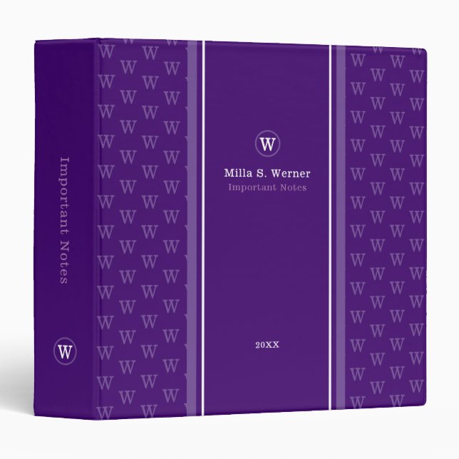 Classy Modern Monogram Important Notes Purple Binder (Front/Spine)
