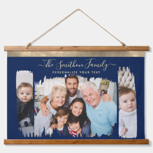 Classy Modern Navy Blue Gold Add Your Photo Family Hanging Tapestry