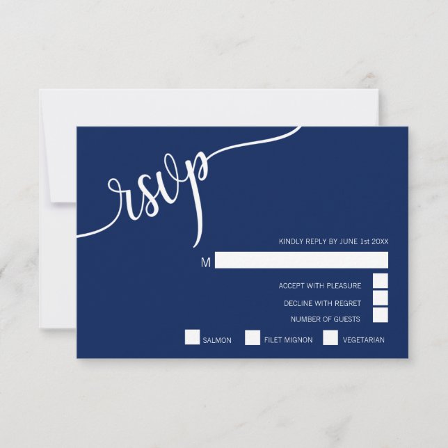 Classy Modern Navy Blue & White RSVP Menu Wedding (Front)