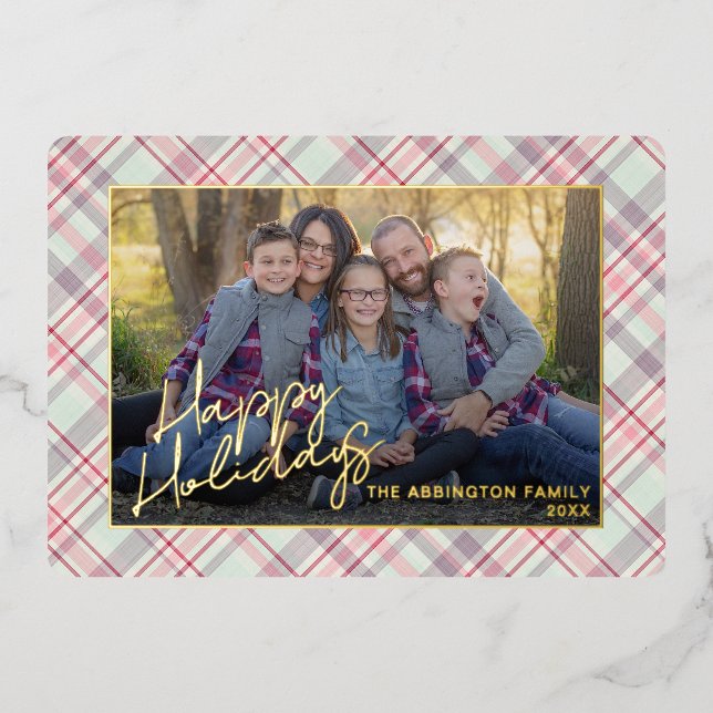 Classy Modern Rustic Pink Green Plaid Pattern Gold Foil Holiday Card (Front)