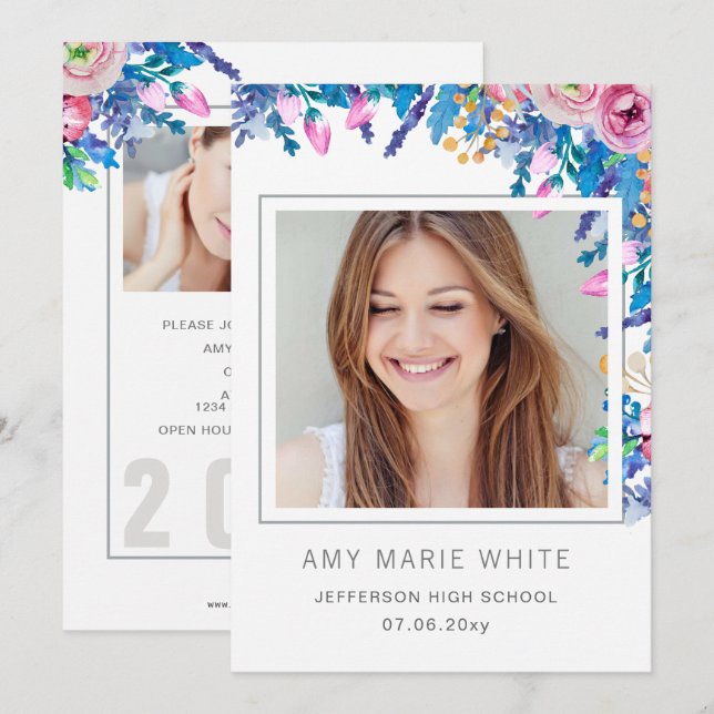 Classy Modern Stylish Floral Photo Graduation Invitation (Front/Back)