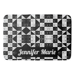 Classy monochrome chequered floral triangles bath mat