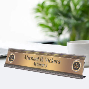 Classy Monogram Attorney Gold Law Scale Emblems Desk Name Plate