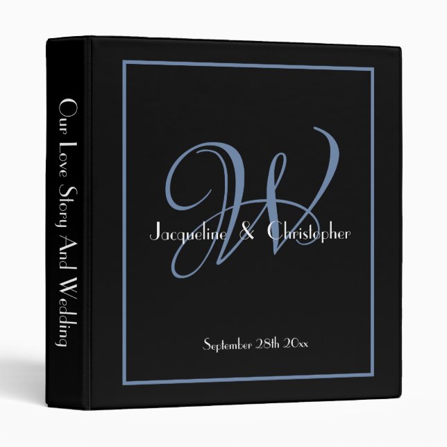 Classy Monogram Black & Dusty Blue Chic Wedding Binder (Front/Spine)