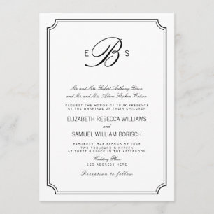 Classy Monogram Elegant White Black Wedding Invite
