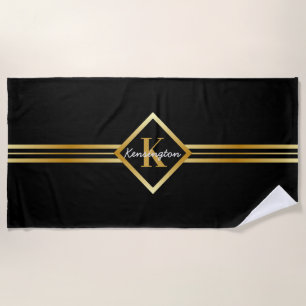 Classy Monogram Faux Gold with White Text on BLACK Beach Towel