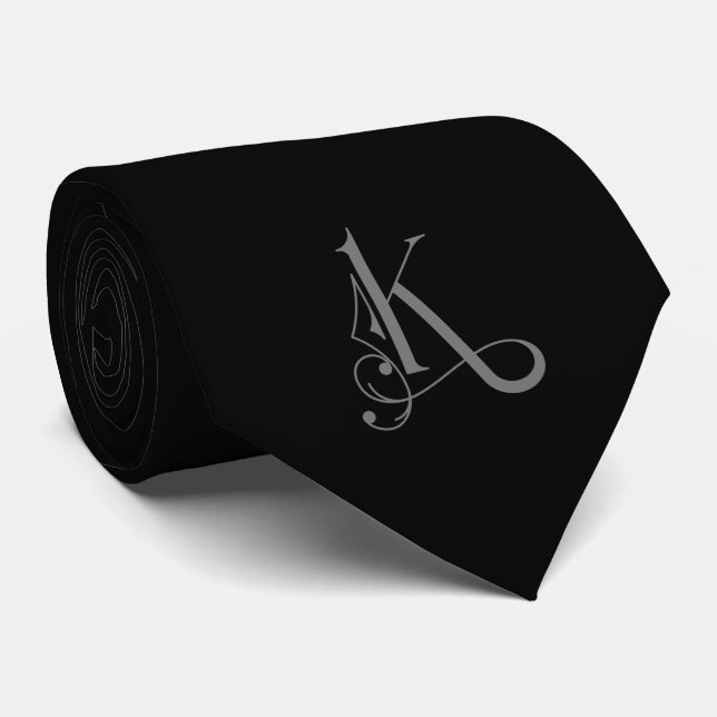 Classy Monogram Initial K, Grey on Black Tie (Rolled)