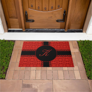 Classy Monogram Red And Black Pattern Doormat