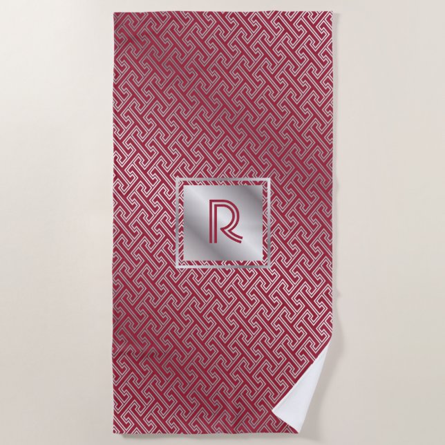 Classy Monogram Red Silver Interlocking Pattern Beach Towel (Front)