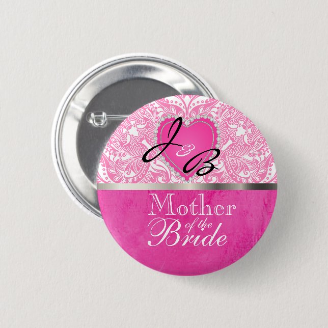Classy Monogram Wedding Party - Pink Heart 2 Inch Round Button (Front & Back)