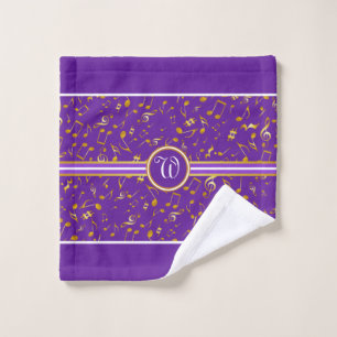 Classy Monogram with Gold Music Notes on PURPLE Bath Towel Set