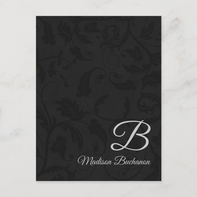 Classy Monogram with Silver and Black Damask Postcard (Front)