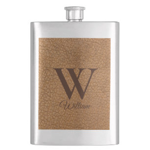 Classy Monogrammed Initial Brown Faux Leather Hip Flask