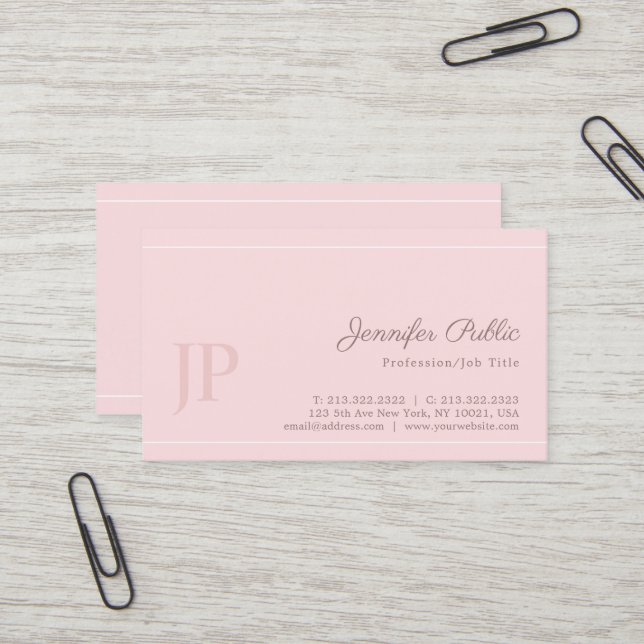 Classy Monogrammed Pink Modern Chic Luxury Business Card (Front/Back In Situ)