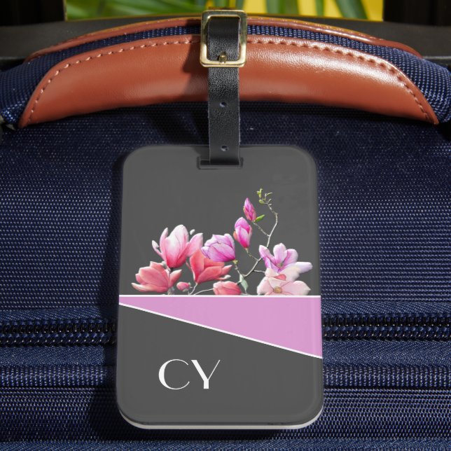 Classy Monogrammed "Pinks" Botanical Luggage Tag (Front Insitu 2)