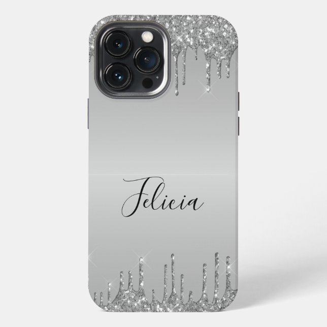 Classy Monogrammed Silver Dripped Glitter iPhone Case (Back)