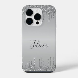 Classy Monogrammed Silver Dripped Glitter iPhone 14 Pro Case