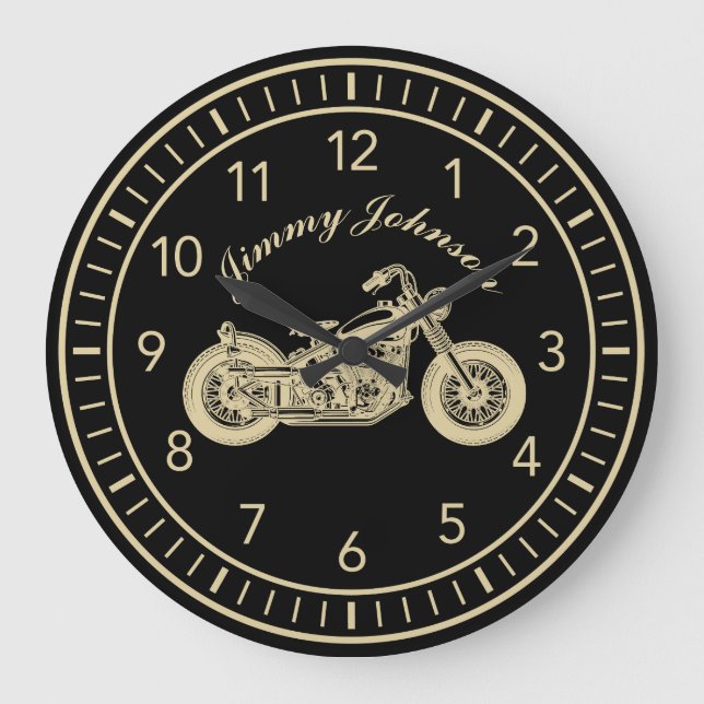 Classy Motorcycle Biker With Name Gold Coloured Large Clock (Front)