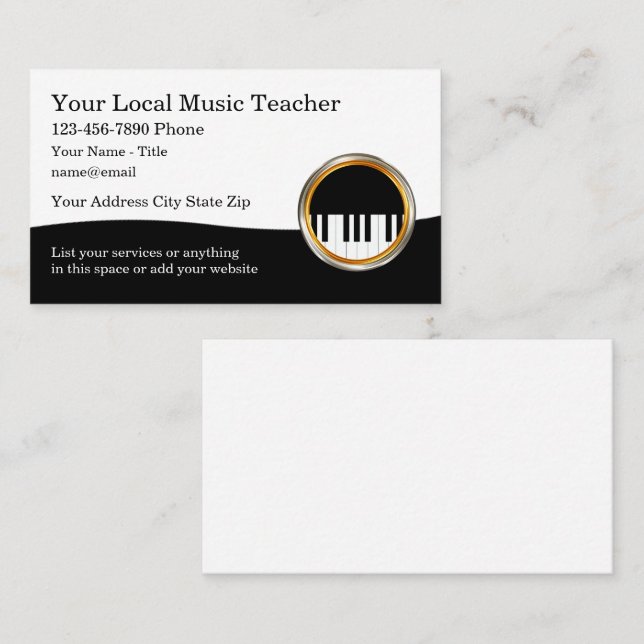 Classy Music Teacher Piano Theme Business Cards (Front/Back)