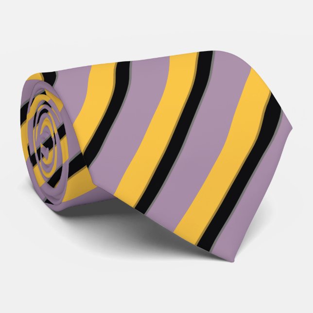 Classy Mustard Yellow Lavender Purple Black Stripe Tie (Rolled)
