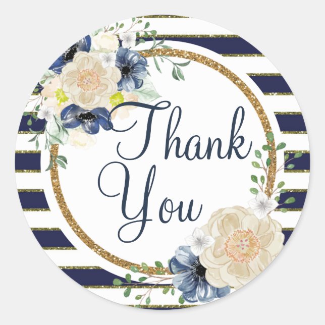 Classy Nautical Floral Navy & Gold Thank You Classic Round Sticker (Front)