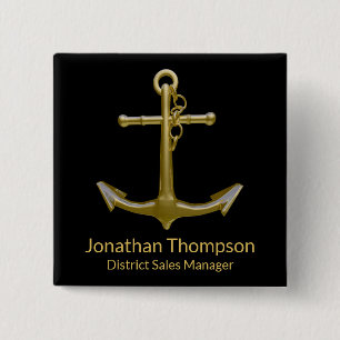 Classy Nautical Gold Anchor on Black 2 Inch Square Button